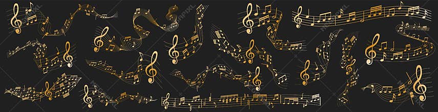 Gold Vector sheet music - musical notes melody on dark background