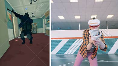 Virtual display of a shooter with a woman playing it. Virtual reality video game concept.