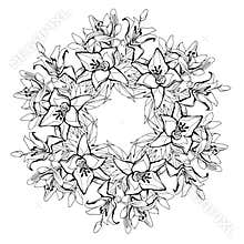 Monochrome wreath of Lily flowers in circle shape isolated on white