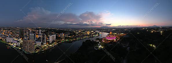 Kuching, Sarawak Malaysia - May 14 2021: The buildings, landmarks and scenery of Kuching city, capital of Sarawak, Borneo island.