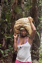 Africa: Poor young woman transporting crop on her head in Madagascar