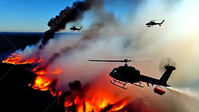 Firefighting helicopters carrying water buckets over a forest fire, with flames and smoke visible below
