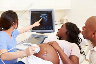 Pregnant Woman And Partner Having 4D Ultrasound Scan