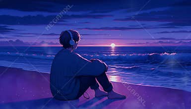 Lofi sad boy anime cartoon sitting on the beach. Lofi Loop Motion Background Cover Keywords language: English