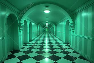 Beetlejuice inspired scene with checkered floors and striped walls in dusky green light