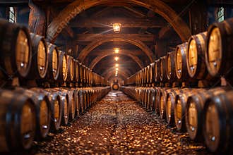 Rows of scotch whisky barrels in distillery aging whiskey and brandy in oak casks