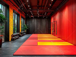 Image of a modern gym with a padded, red floor, marked areas for various activities, exercise equipment weight machines