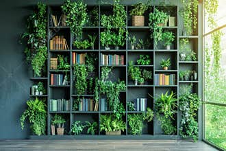 Contemporary bookshelf filled with plants creating a stylish backdrop for virtual offices and studio backgrounds