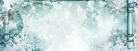 Soft Green Watercolor Frame of Icy Pipes and Snowflakes