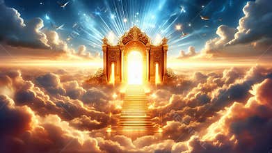 golden gates and glowing steps in serene heavenly landscape