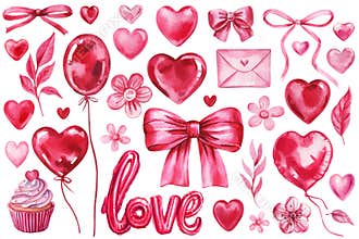 Valentines day pink clipart with hearts, ribbon, bows, balloons, flowers and lettering love isolated, watercolor design