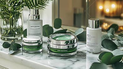 Elegant skincare display with luxurious green and silver packaging for beauty and wellness