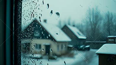 In winter, a close-up of condensation on double-glazed windows reveals that the excessive moisture in the house has