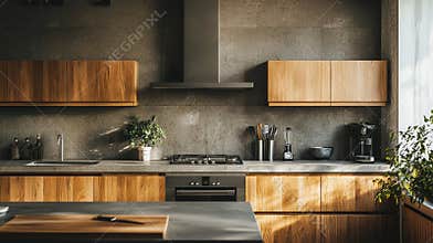 Warm minimalist kitchen with wood and concrete elements