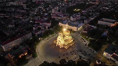 Aerial night view of Bulgaria\'s capital Sofia. View of the Cathedral of St. Alexander Nevsky at nightfall