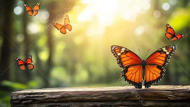 A close-up of a worn, empty wooden table, with a blurry butterfly in the vibrant green garden background.