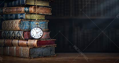 Old clock hanging on a chain on the background of old books.  Ð¡lock as a symbol of time a books are a symbol of knowledge..