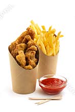 Fried chicken, fries and ketchup