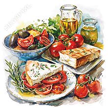 Greek food cartoon style watercolor illustration on white background