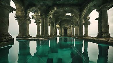 Lost civilization of Atlantis deep in the ocean. Underwater ruins. Magic blue ocean with ancient antique ruins, deep sea