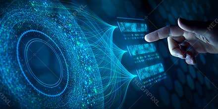 Big data analysis with AI technology. Person using machine learning and deep learning neural network for data science, data mining