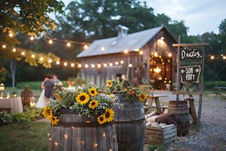 Rustic Wedding Decor with Sunflowers on Wooden Barrels, String Lights, and Barn Background