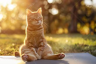 Ginger cat sitting peacefully in a meditative pose outdoors in the sunlight