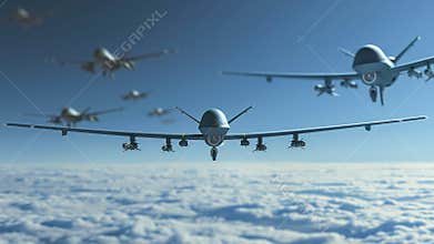 Fleet of drones flying in formation above the clouds