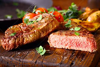 Delicious portion of medium rare beef steak