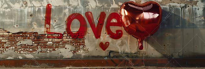 Love big letters on wall Word LOVE with Red heart balloon in shape of red heart, panoramic