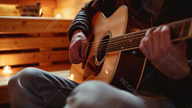 A sauna session accompanied by live music with a musician playing a tranquil melody on their guitar to enhance the