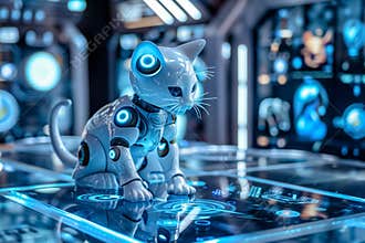 Blue robotic cat exploring a high-tech facility with glowing interfaces