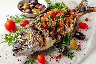 Dorado Baked with Tomato Salsa, Greens and Olives, Whole Grilled Sea Bream Fish on Rustic Paper