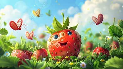 playful strawberry scene, whimsical cartoon scene depicting berry the strawberry frolicking with butterfly friends in a