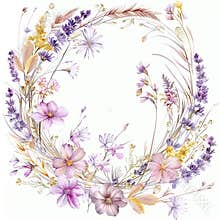 A flowery wreath with a gold frame border. The flowers are in various shades of pink and purple