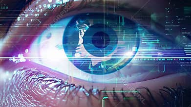 Cyborg or Robot Eye with Scrolling Technology Graphics Digital Interface