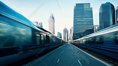 High-speed train rushes past the business district of a large city.