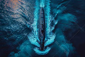 Aerial drone captures advanced navy submarine in deep blue sea, showcasing latest technology