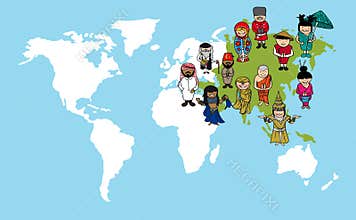 Asian people cartoons, world map diversity illustr