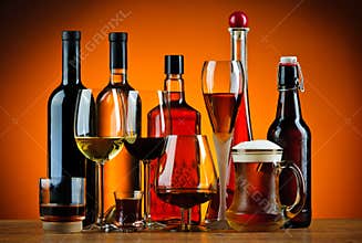 Bottles and glasses of alcohol drinks