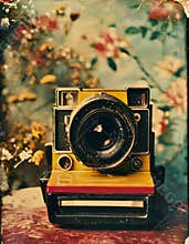 Vintage Polaroid Camera with Floral Background