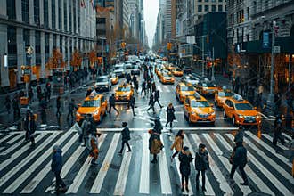 Pedestrians crossing at marked crosswalk amidst heavy traffic on a bustling urban road