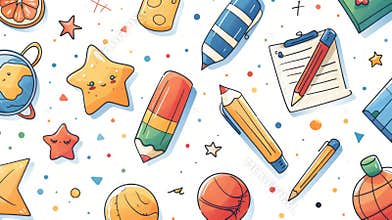 A seamless pattern featuring colorful doodle illustrations of school supplies like pencils, a globe, a clipboard, and