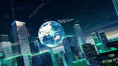 Holographic projections of rising stock prices and booming industries give a sense of optimism and potential in the