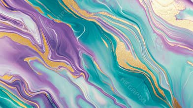 Abstract fluid art painting in alcohol ink technique, featuring purple, teal and gold, perfect for a luxurious design