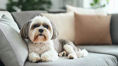 A small, white dog with brown patches relaxes on a gray couch
