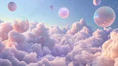 Dreamy, ethereal scene of oversized soap bubbles floating over a breathtaking sunset sky filled with pink and purple
