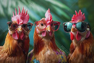 Group of chickens with trendy eyewear, perfect for a funny ad or social media post