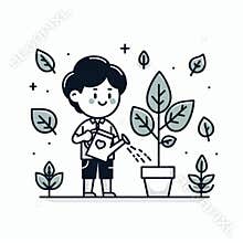 Cartoon Character Planting Tree with a Smile for Environmental Message