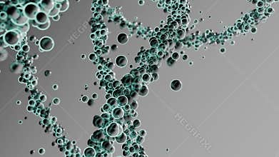 Futuristic seamless loop background in science fiction style with long 3D structures made of glowing spheres